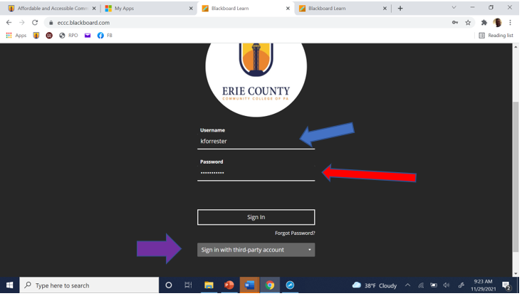 blackboard login screen